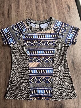 Kenneth Cole Short-Sleeve Geometric Stripe Top in Blue, Black & Cream